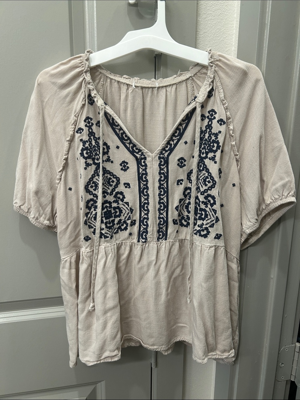 Boho Embroidered Peasant Top - Navy on Light Beige